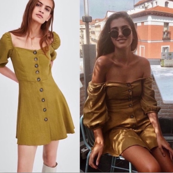 Zara Dresses & Skirts - Zara bloggers fav puff Sleeve olive linen dress Medium